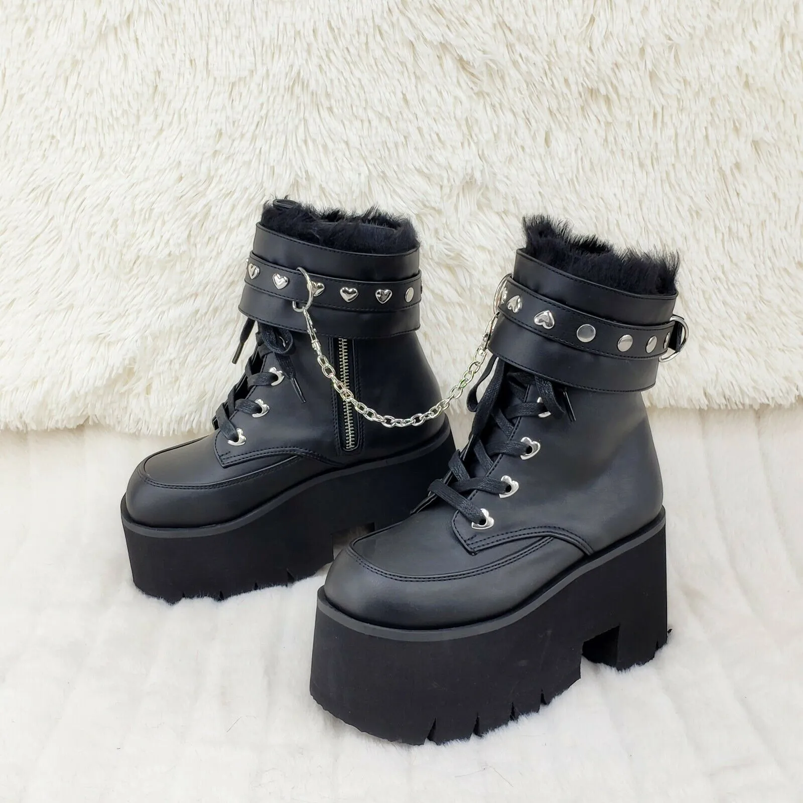 Ashes 57 Black Heart Studs 3.5" Platform Goth Boots Fur Lined Cuffs & Chain NY