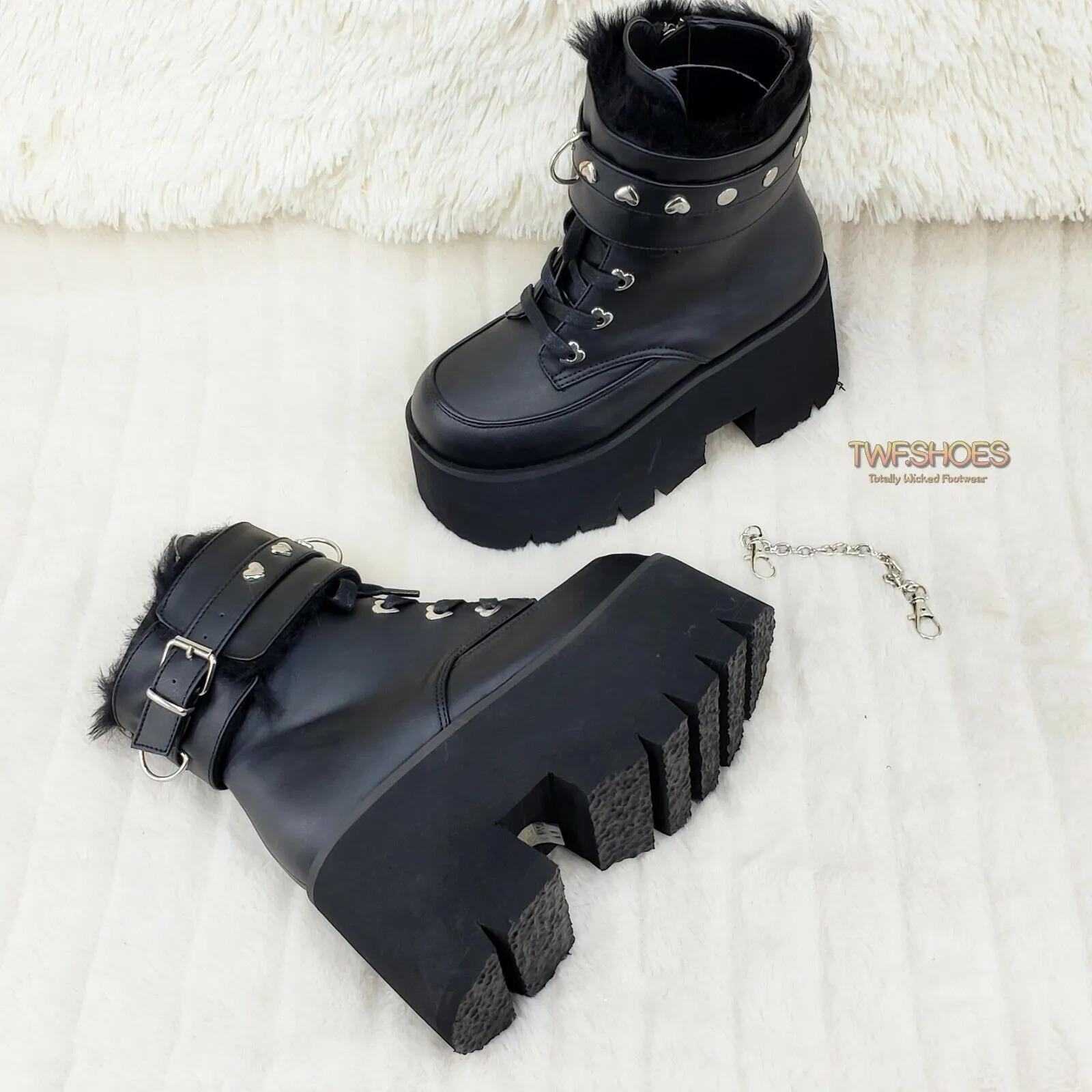 Ashes 57 Black Heart Studs 3.5" Platform Goth Boots Fur Lined Cuffs & Chain NY
