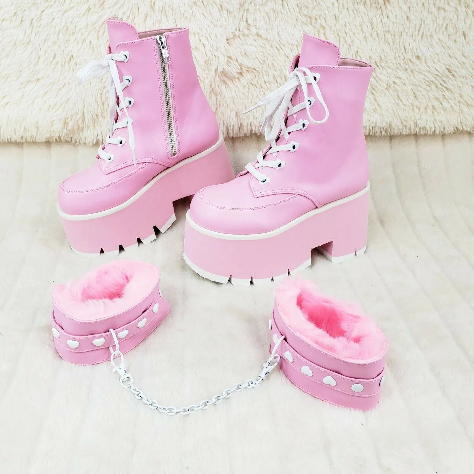 Ashes 57 Pink Heart Studs 3.5" Platform Goth Boots Fur Lined Cuffs & Chain NY