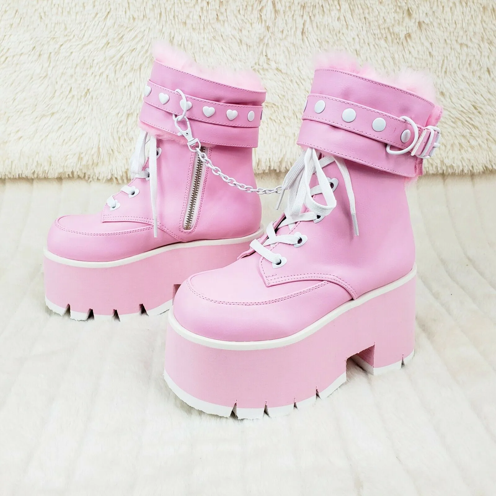 Ashes 57 Pink Heart Studs 3.5" Platform Goth Boots Fur Lined Cuffs & Chain NY