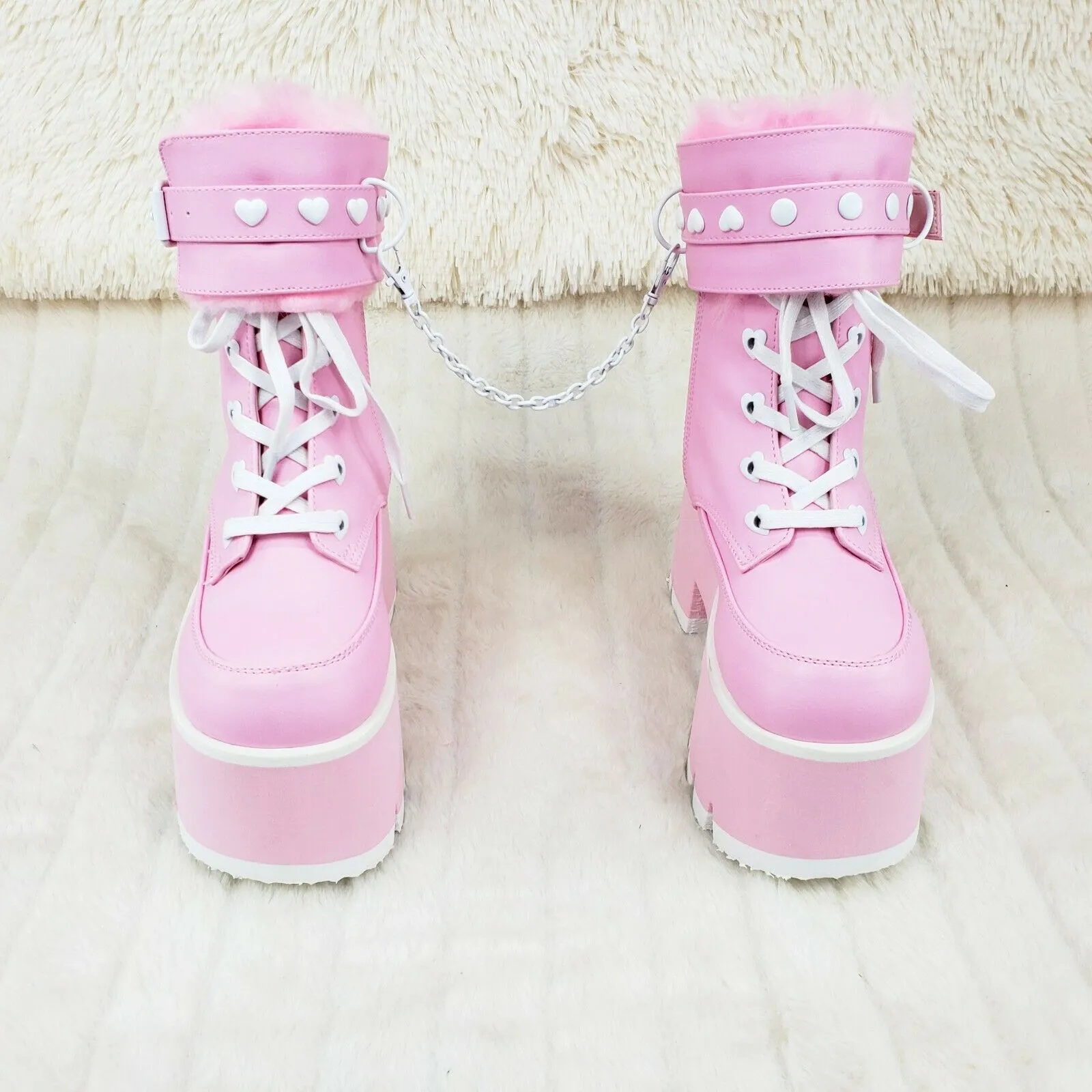 Ashes 57 Pink Heart Studs 3.5" Platform Goth Boots Fur Lined Cuffs & Chain NY