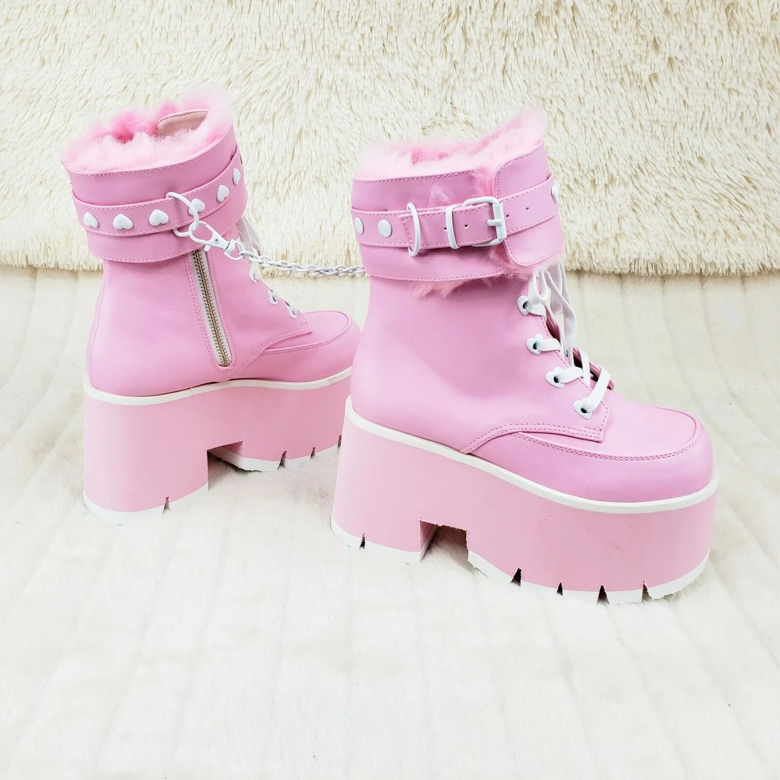 Ashes 57 Pink Heart Studs 3.5" Platform Goth Boots Fur Lined Cuffs & Chain NY