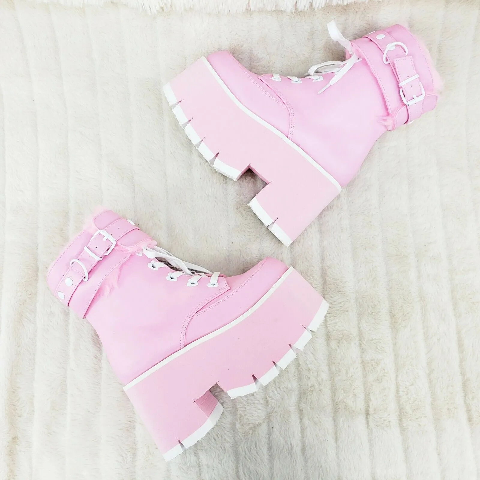 Ashes 57 Pink Heart Studs 3.5" Platform Goth Boots Fur Lined Cuffs & Chain NY