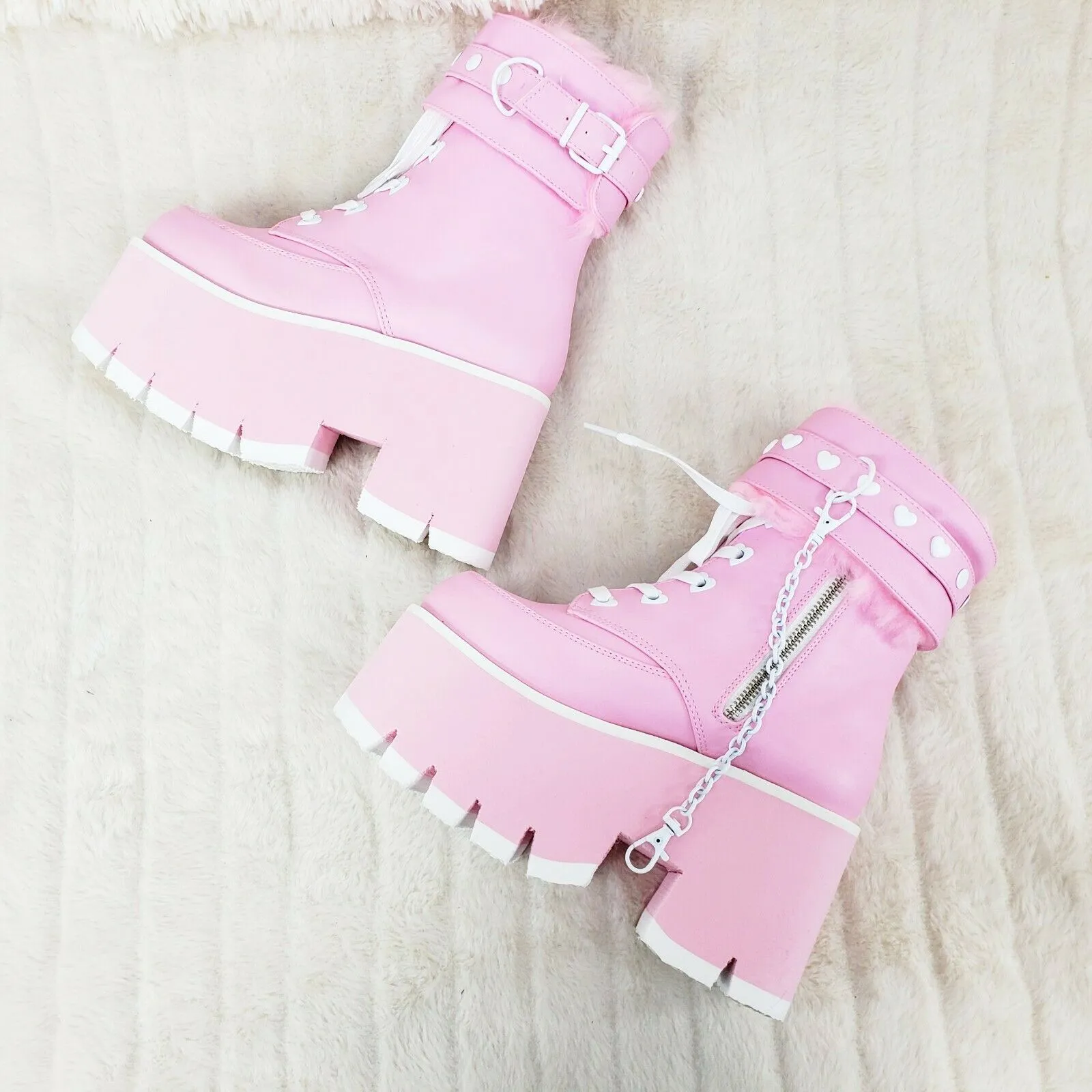 Ashes 57 Pink Heart Studs 3.5" Platform Goth Boots Fur Lined Cuffs & Chain NY