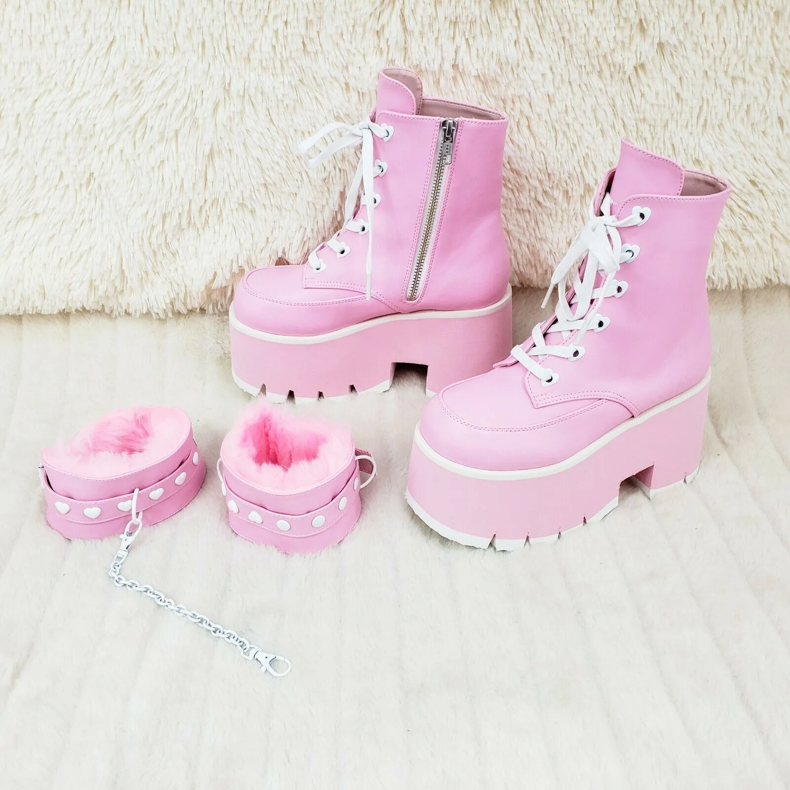 Ashes 57 Pink Heart Studs 3.5" Platform Goth Boots Fur Lined Cuffs & Chain NY