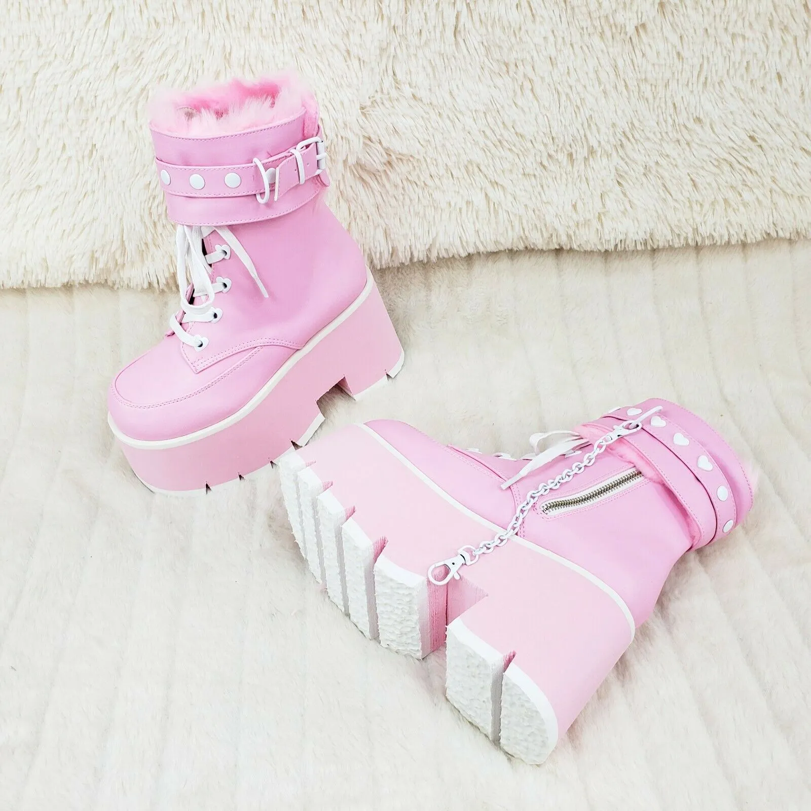 Ashes 57 Pink Heart Studs 3.5" Platform Goth Boots Fur Lined Cuffs & Chain NY
