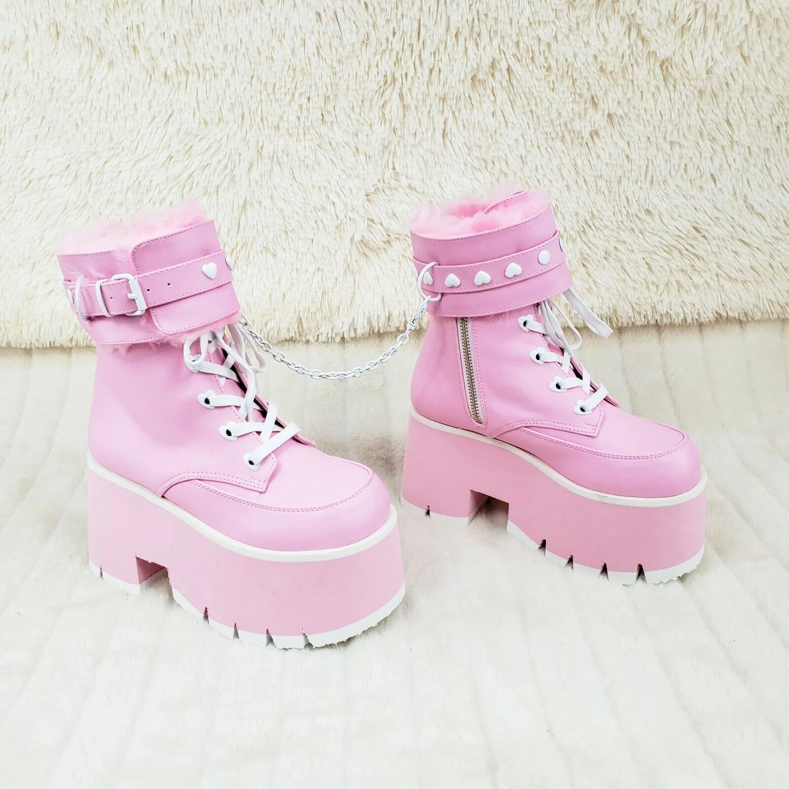 Ashes 57 Pink Heart Studs 3.5" Platform Goth Boots Fur Lined Cuffs & Chain NY