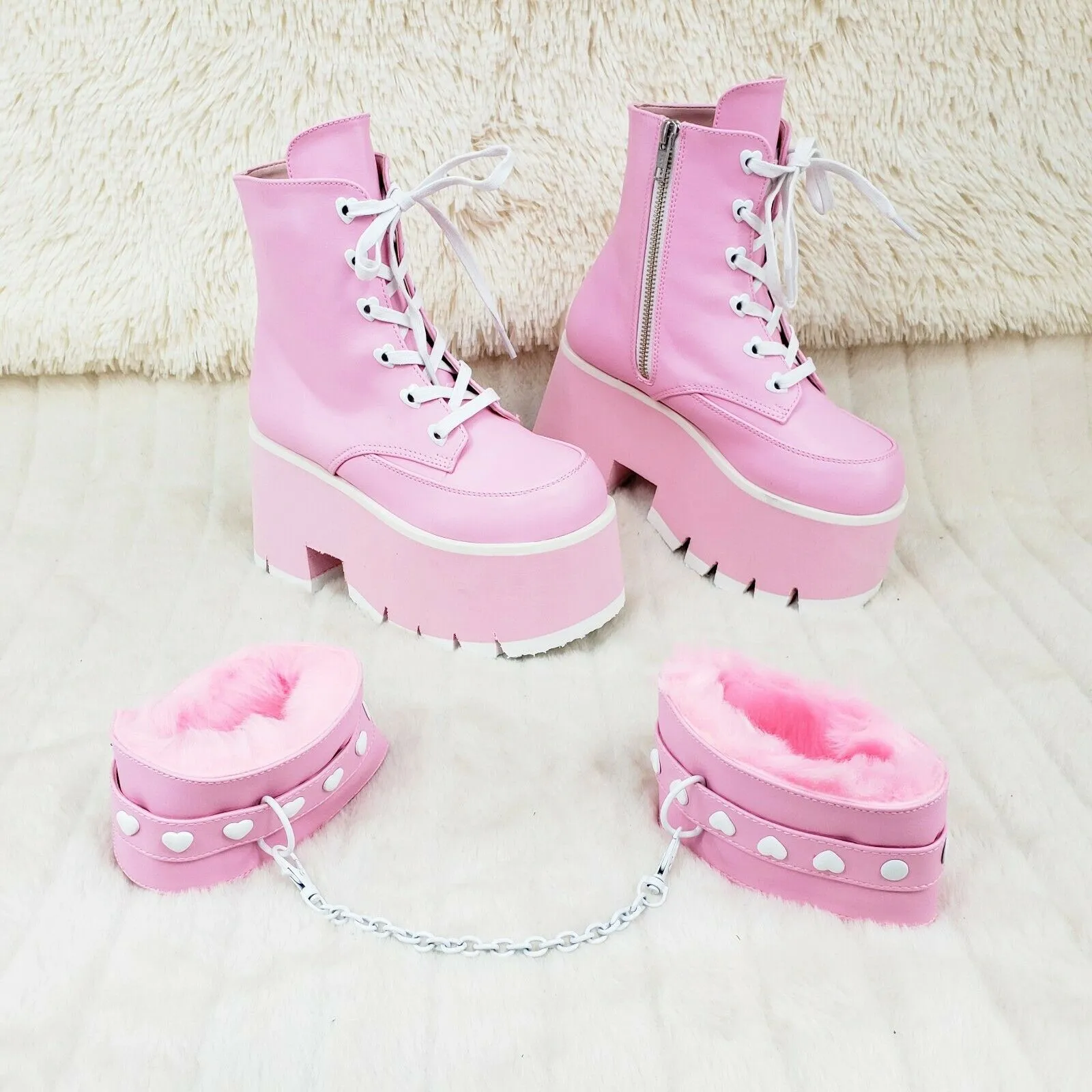 Ashes 57 Pink Heart Studs 3.5" Platform Goth Boots Fur Lined Cuffs & Chain NY