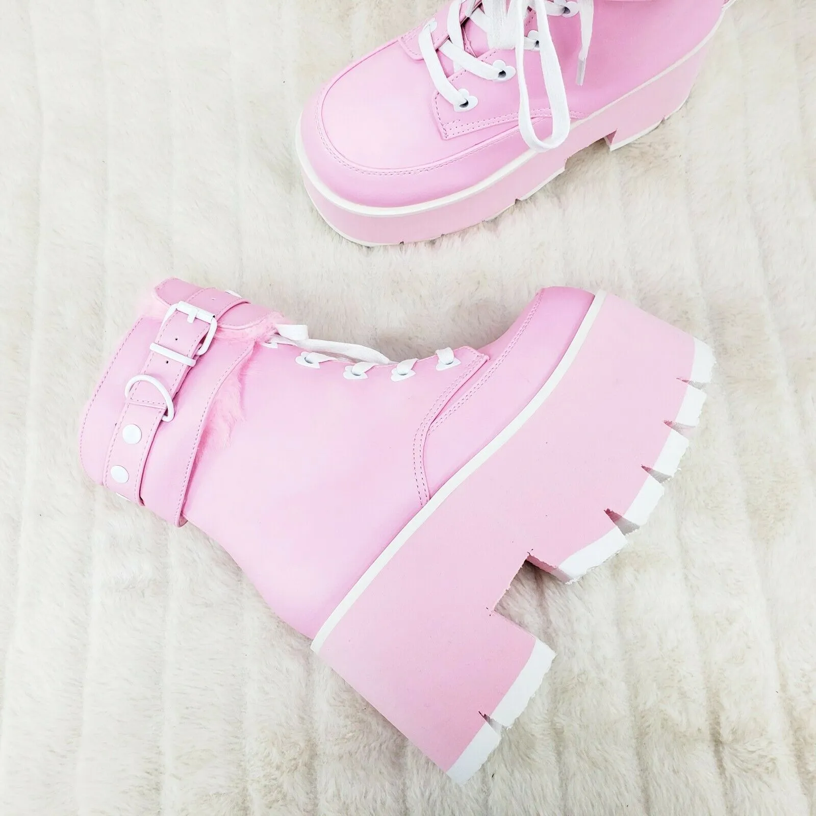 Ashes 57 Pink Heart Studs 3.5" Platform Goth Boots Fur Lined Cuffs & Chain NY