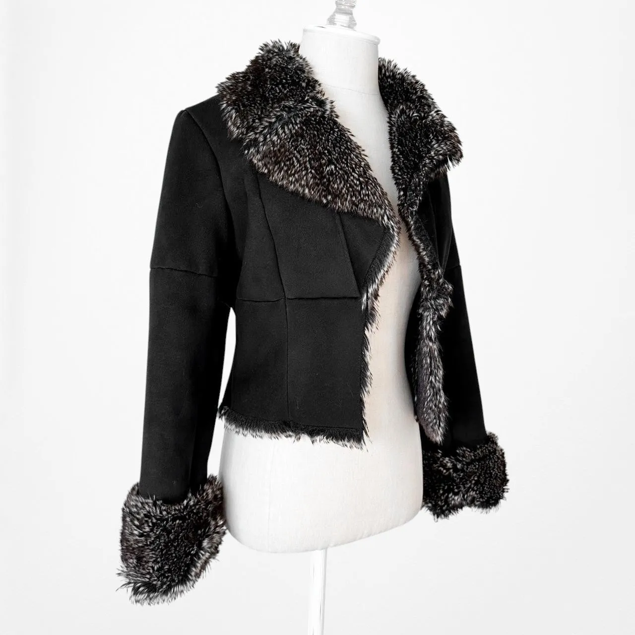 Black Vintage Suede Penny Lane Teddy Fur Lined Cropped Jacket Size XS/S