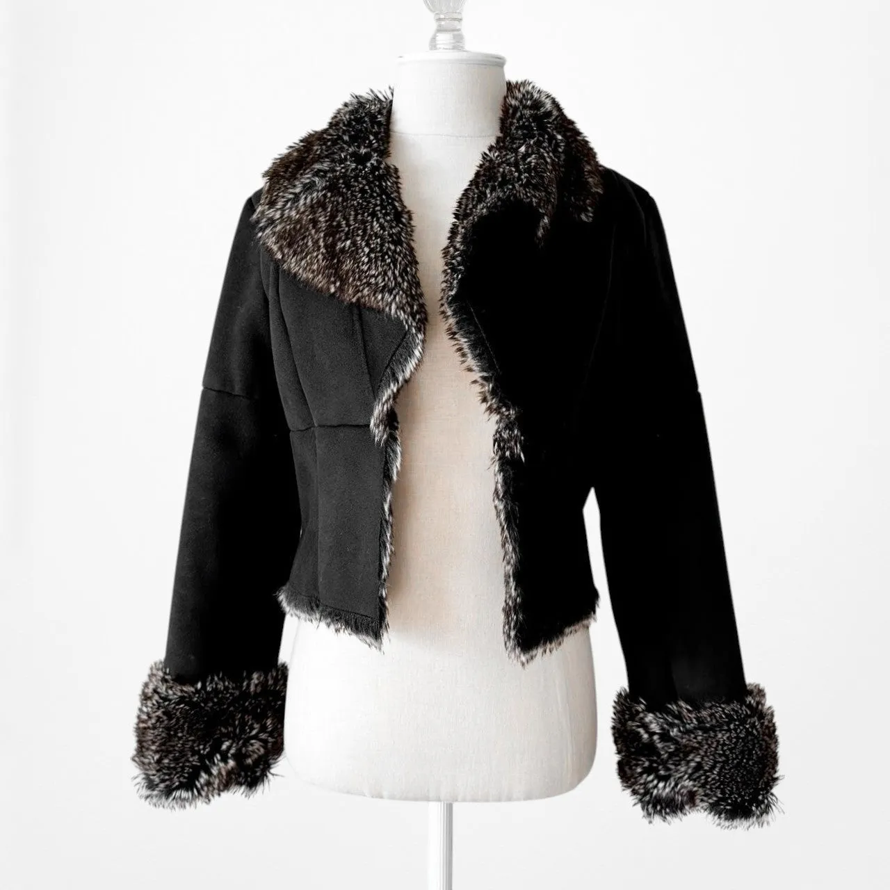 Black Vintage Suede Penny Lane Teddy Fur Lined Cropped Jacket Size XS/S