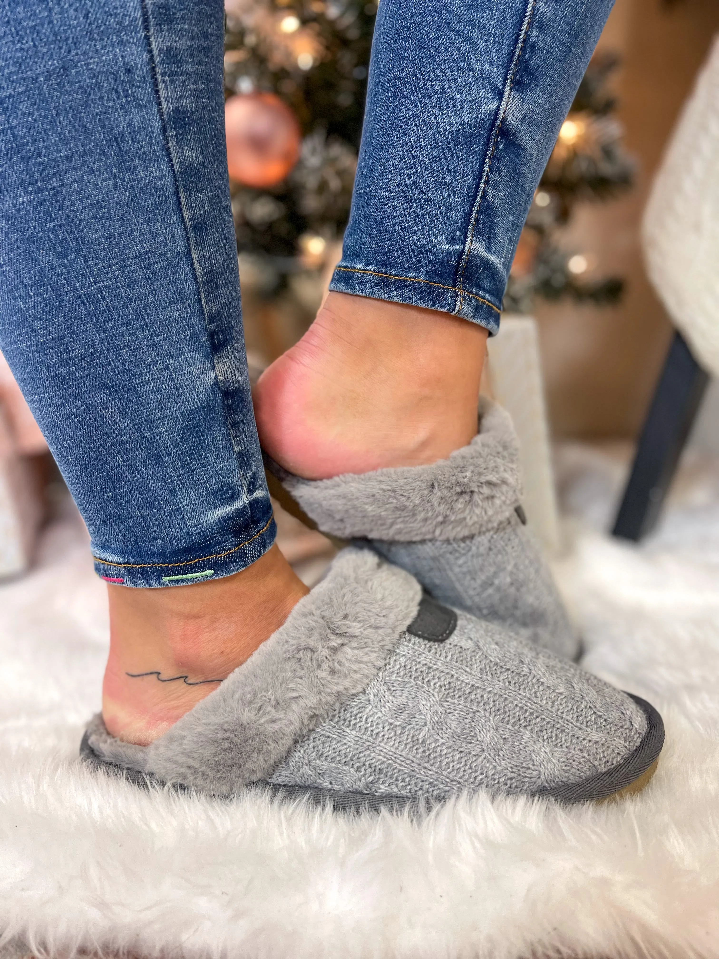 Grey Quilted Fur Lined Slippers