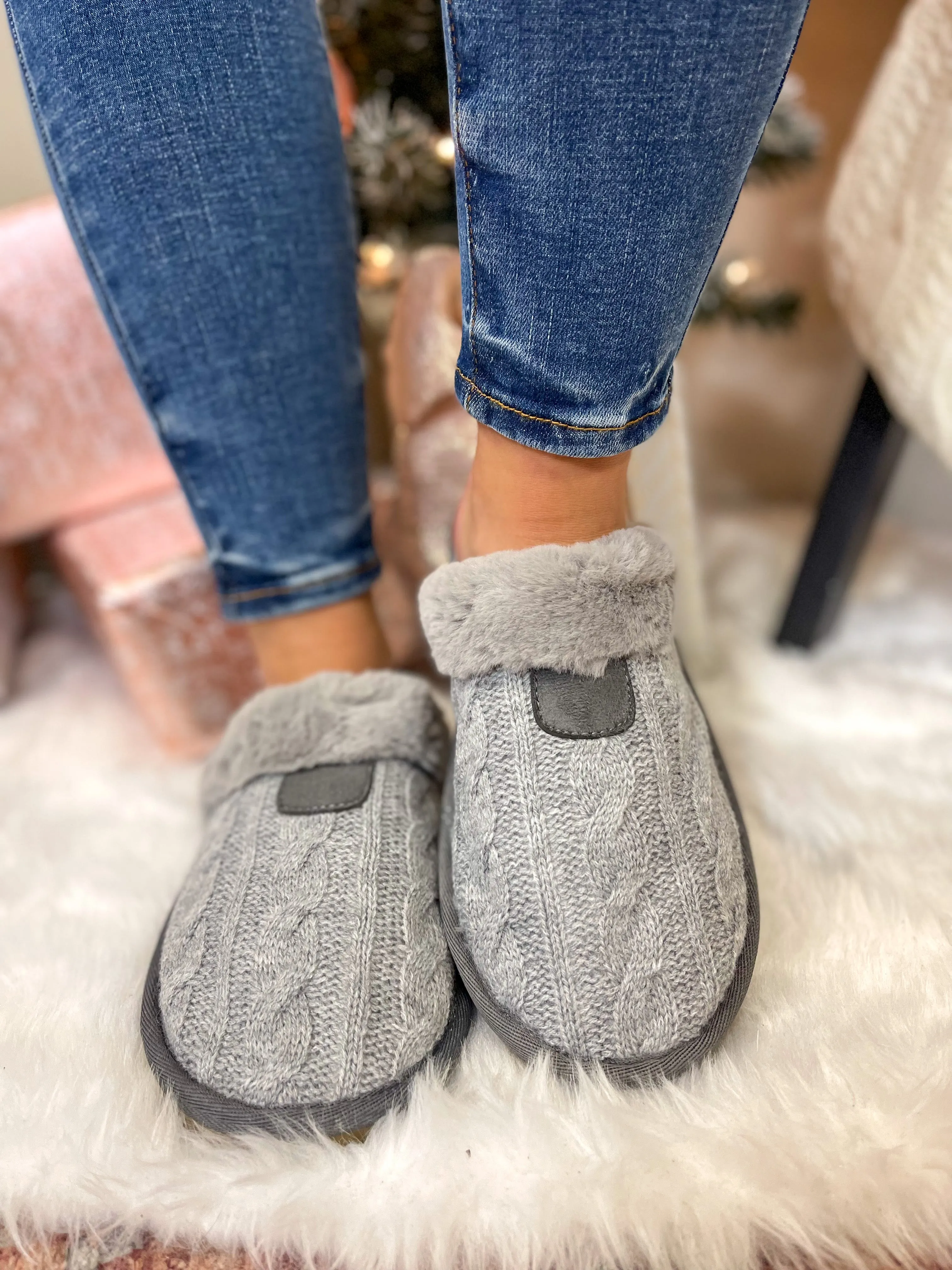 Grey Quilted Fur Lined Slippers