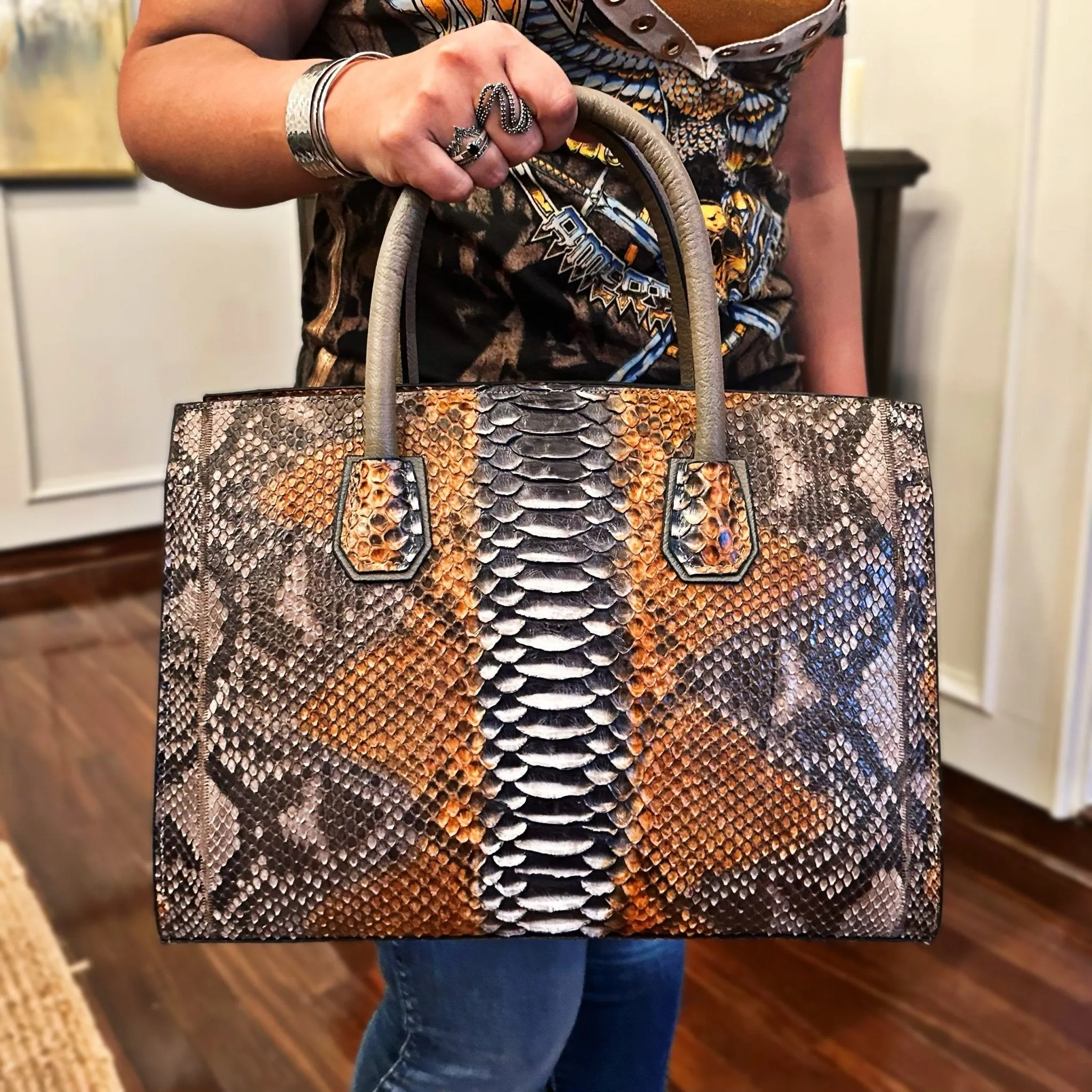 Large Amber Glow Snakeskin Top Handle Professional Tote Bag
