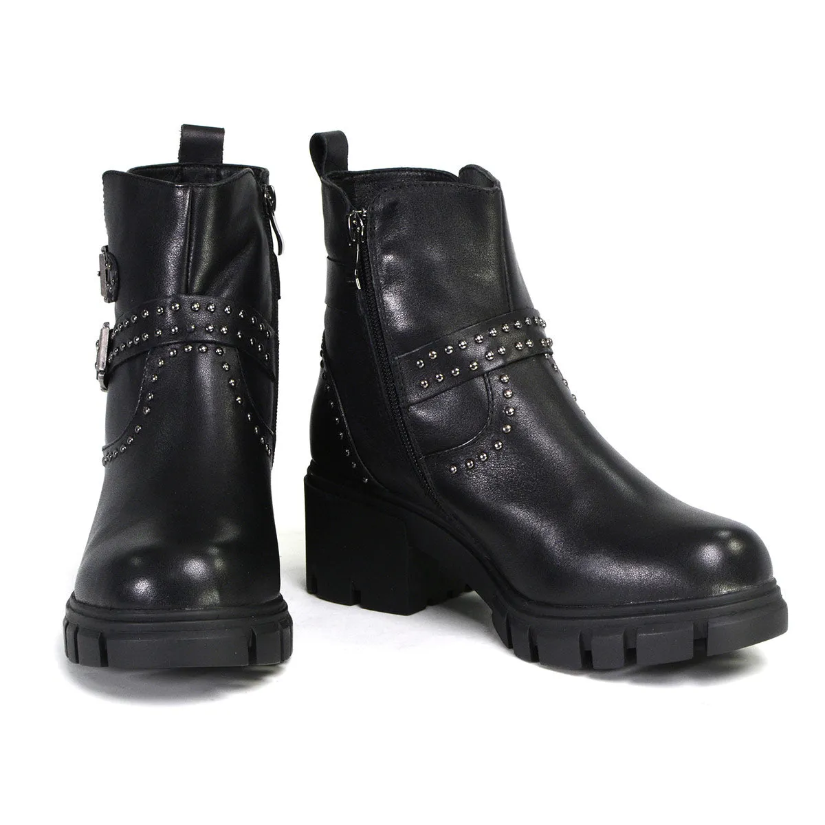 MBL9446 Women's Siren Black Leather Studded Boots with Side Zipper Entry