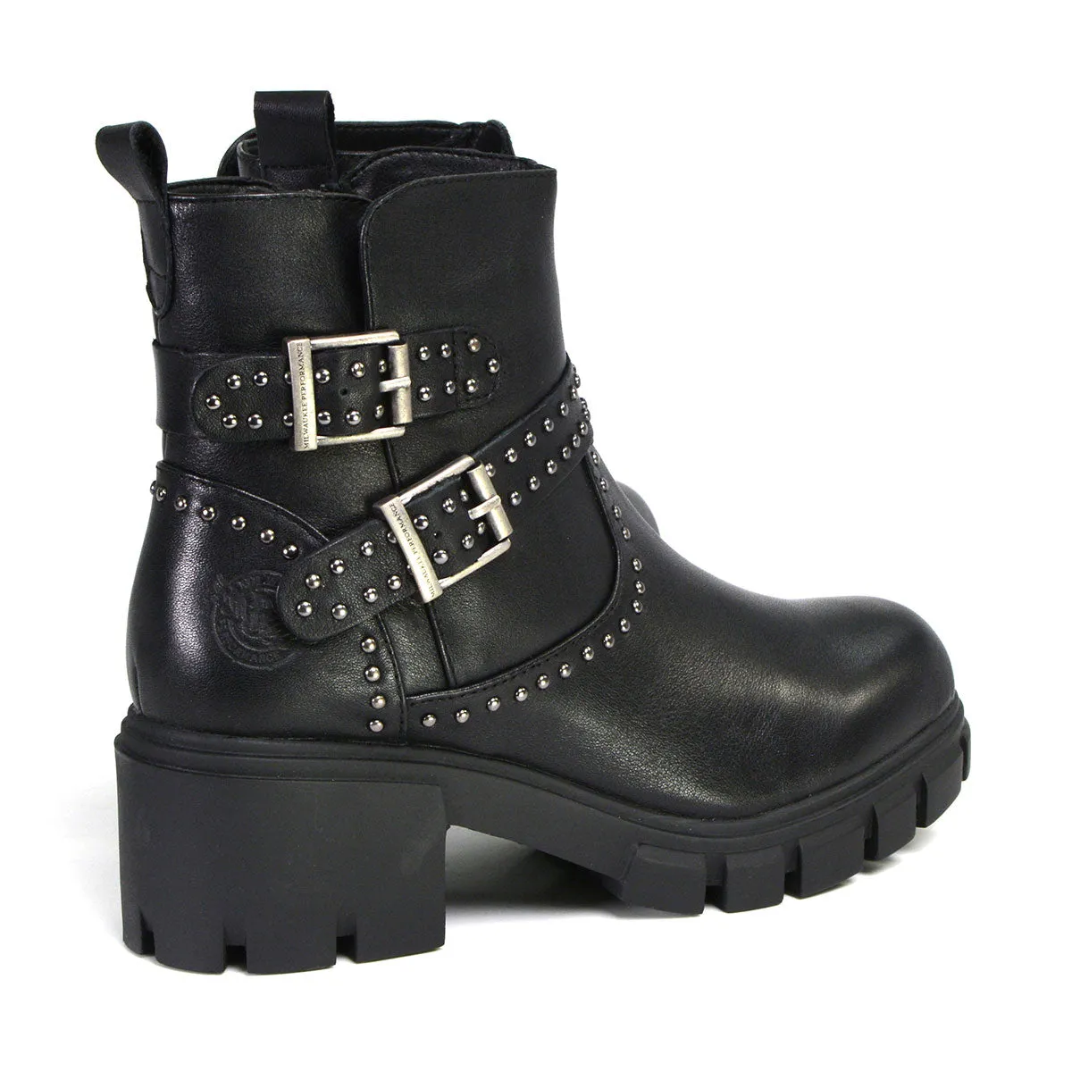 MBL9446 Women's Siren Black Leather Studded Boots with Side Zipper Entry