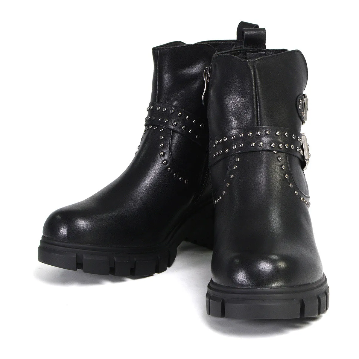 MBL9446 Women's Siren Black Leather Studded Boots with Side Zipper Entry