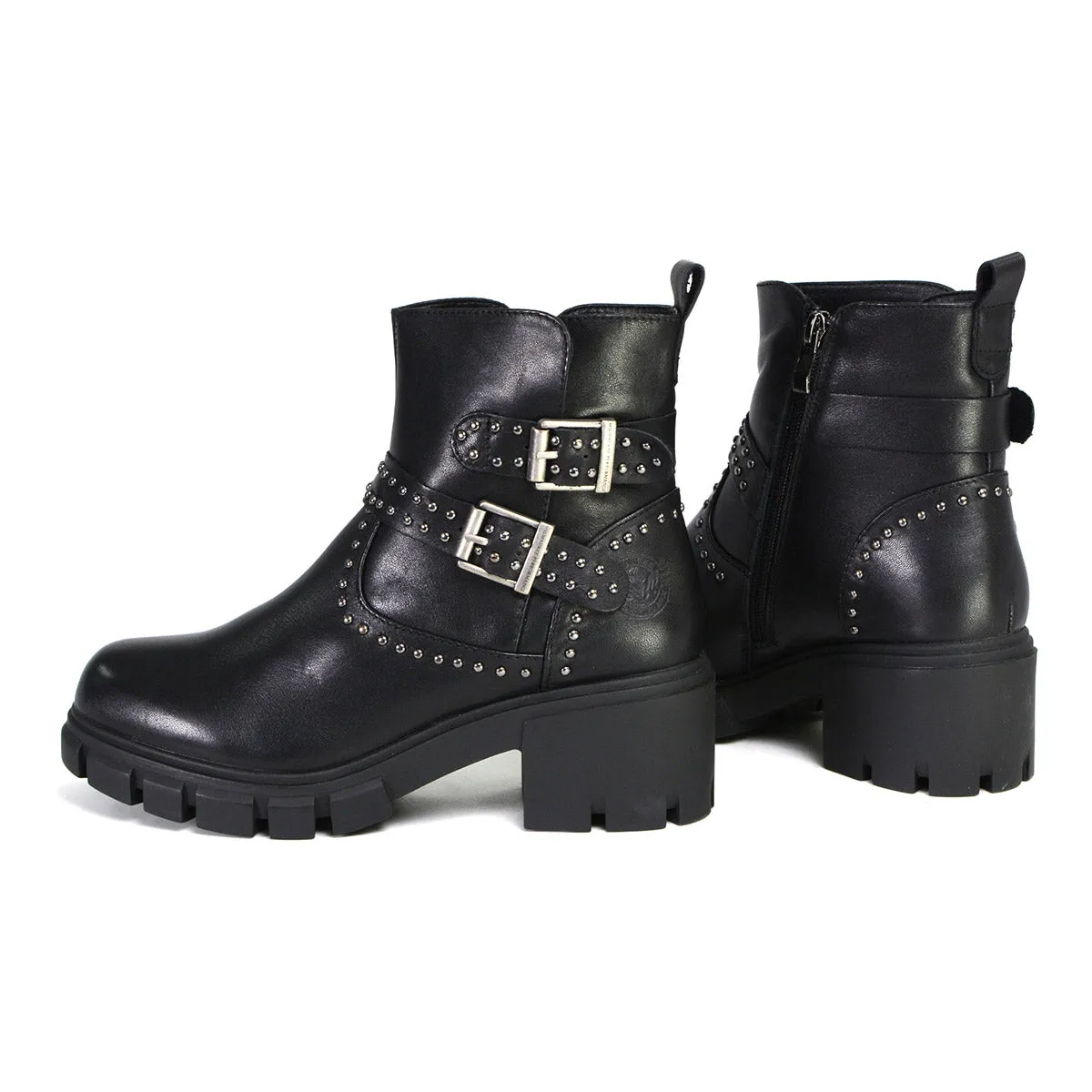 MBL9446 Women's Siren Black Leather Studded Boots with Side Zipper Entry