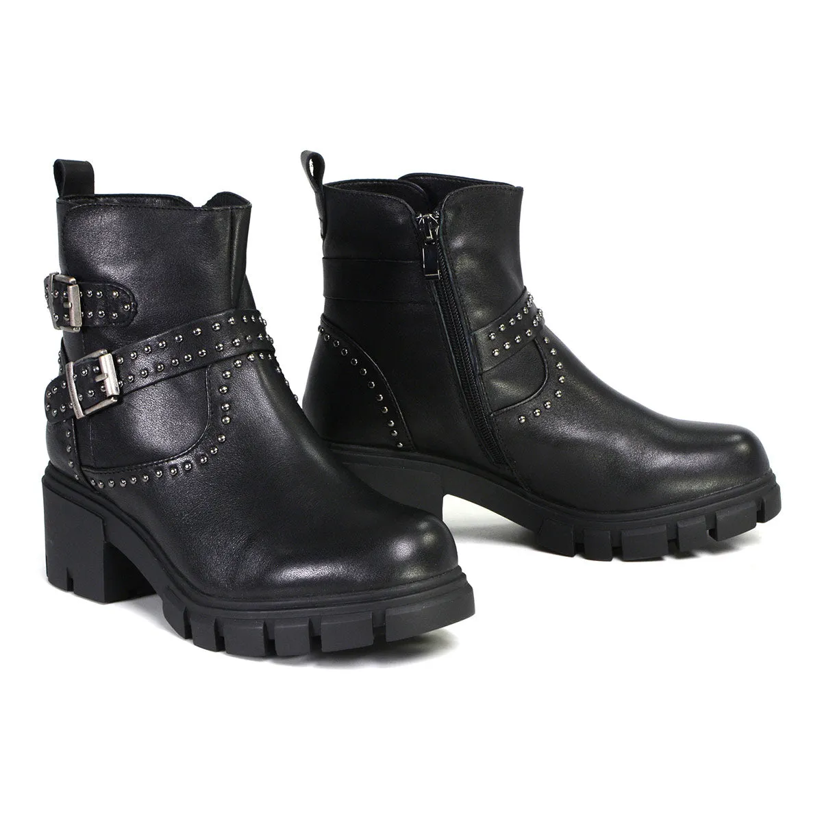 MBL9446 Women's Siren Black Leather Studded Boots with Side Zipper Entry