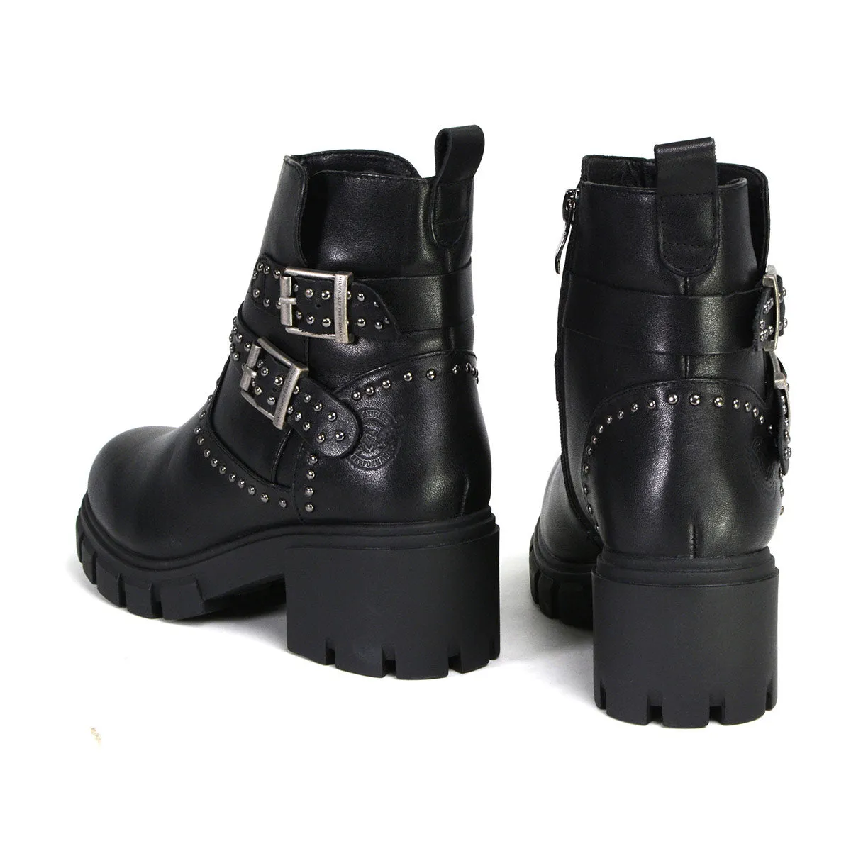MBL9446 Women's Siren Black Leather Studded Boots with Side Zipper Entry