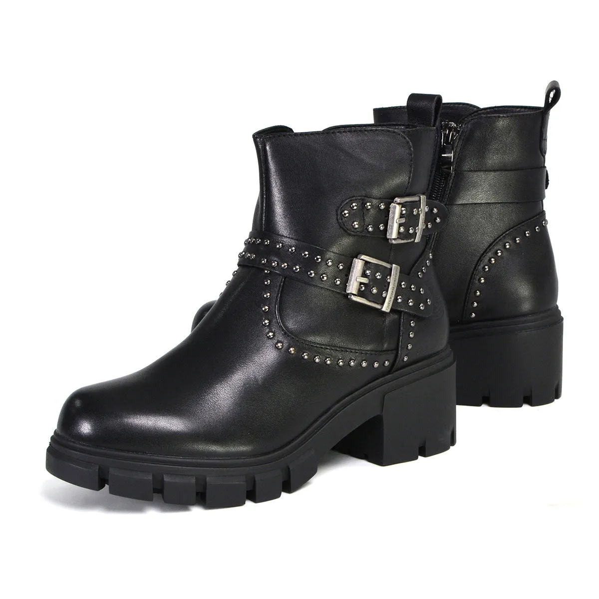 MBL9446 Women's Siren Black Leather Studded Boots with Side Zipper Entry