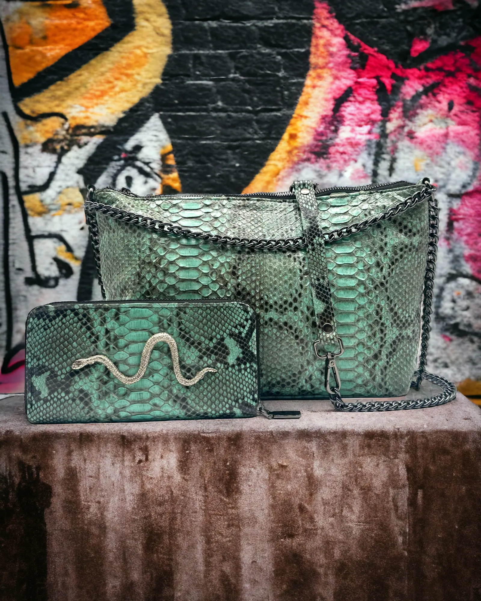 The Mint Snakeskin Chain Purse