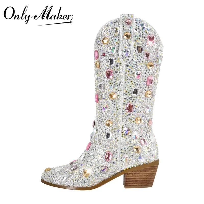 Trendy Sparkle Rhinestone Mid Calf Western Boots