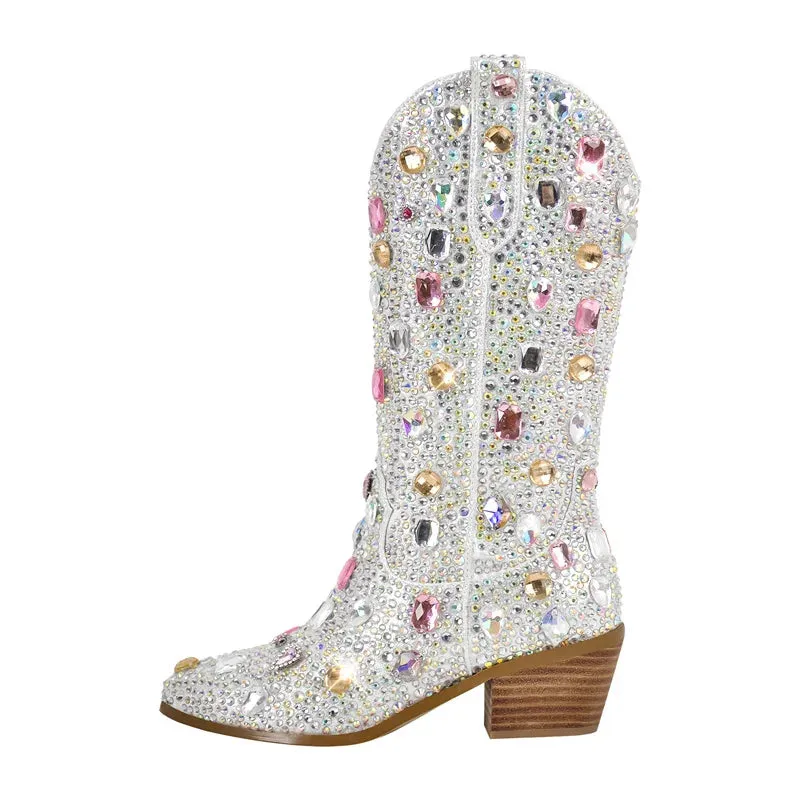 Trendy Sparkle Rhinestone Mid Calf Western Boots