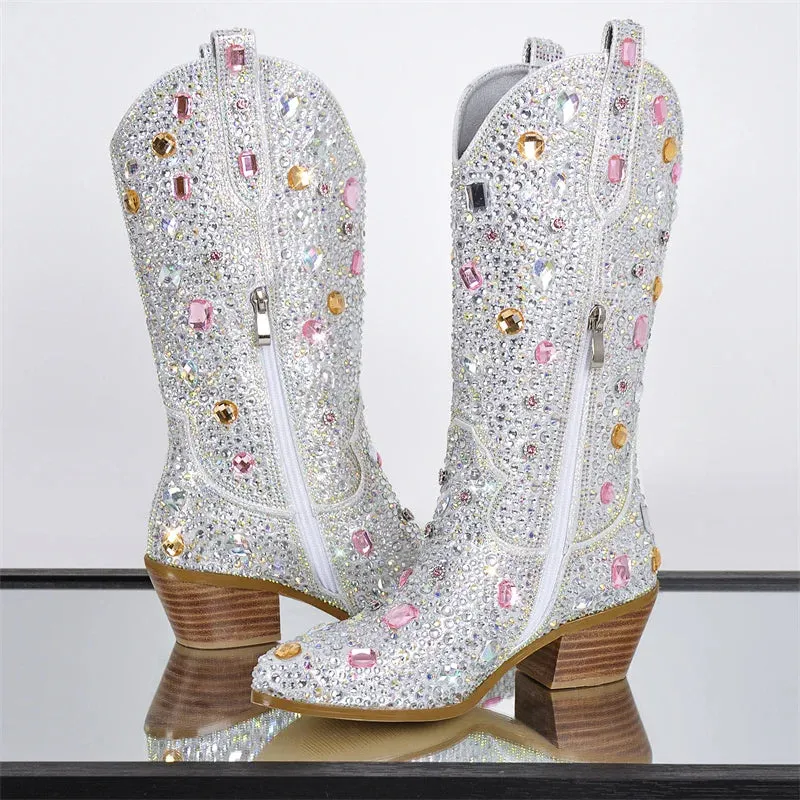 Trendy Sparkle Rhinestone Mid Calf Western Boots