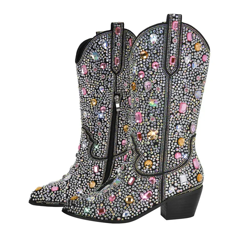 Trendy Sparkle Rhinestone Mid Calf Western Boots