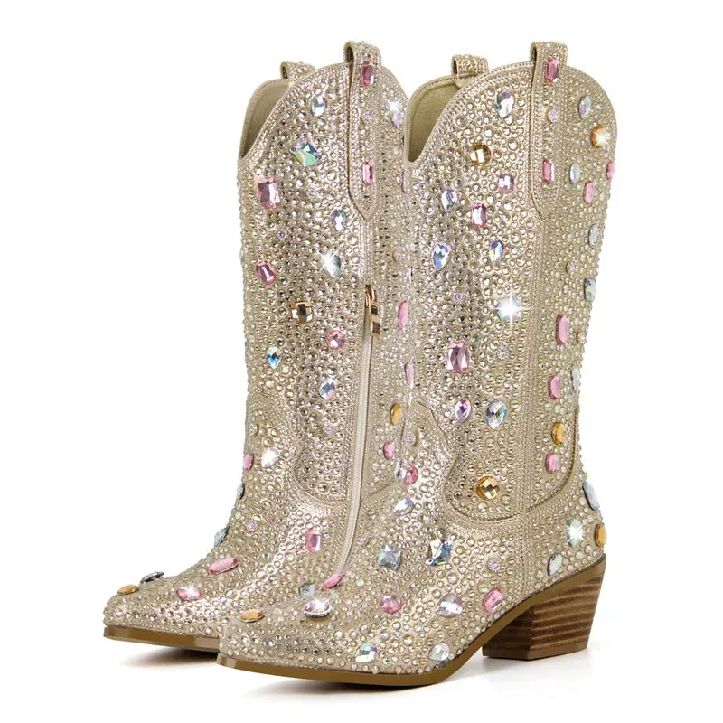 Trendy Sparkle Rhinestone Mid Calf Western Boots