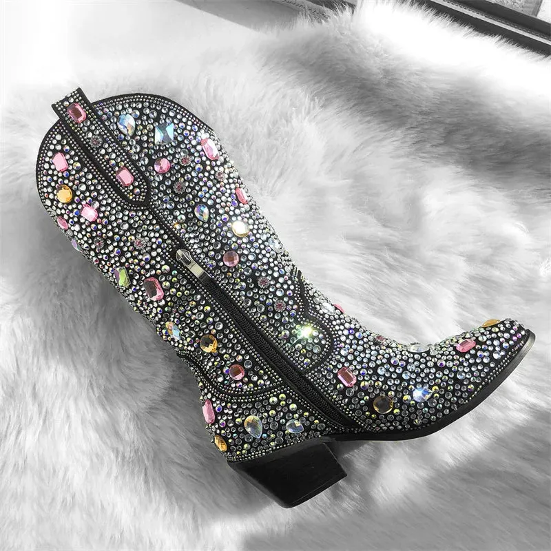 Trendy Sparkle Rhinestone Mid Calf Western Boots